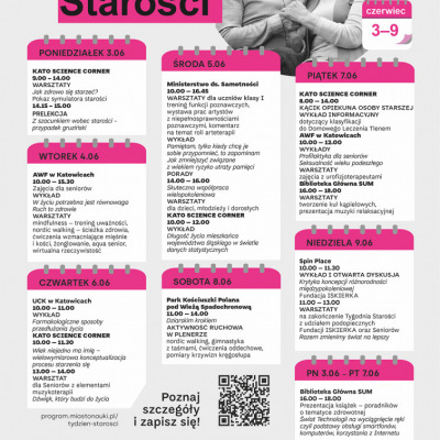 Plakat informujący o datach oraz wydarzeniach w "Tygodniu Starości". Harmonogram wydarzenia oraz więcej informacji przystępnych dla Ciebie pod: program.miastonauki.pl/tydzien-starosci